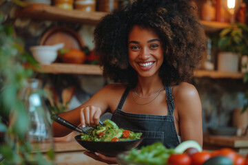 Sticker - Smiling woman on a kitchen prepare an avocado salad