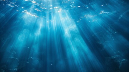 Sunlight rays penetrate through the calm and clear blue ocean waters, illuminating the underwater world and creating a sense of tranquility and peace.