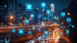 © ImagePulse - Digital cityscape with rising ecommerce symbols, symbolizing online market growth, photo realistic