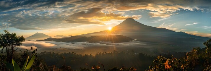 Wall Mural - Golden sunlight paints a breathtaking panorama of mist-shrouded mountains and tranquil valley at sunrise