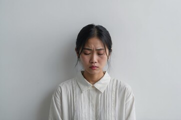 asian female sadness, white  background
