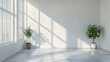 © Izzain - A minimalist room with white walls and large windows, featuring two potted plants. The sunlight streaming through the windows casts long shadows on the white walls and floor, creating a serene and air