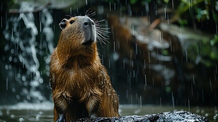 A Capybara with an abstract rainy background, gentle raindrops and muted colors, evoking a sense of calm and relaxation, hd quality, natural look. --ar 16:9 --v 6.0 --s 250 --style raw