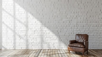 Wall Mural - Interior with white brick wall and leather armchair