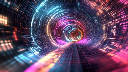 A vibrant, digital tunnel radiating colorful lights and patterns, symbolizing modern technology and future innovation.