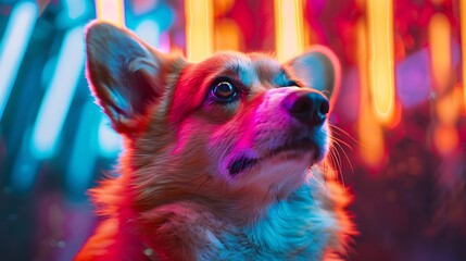 A Corgi with an abstract neon background, vibrant lights and glowing patterns, creating a futuristic and energetic scene, hd quality, natural look. --ar 16:9 --v 6.0 --s 250 --style raw