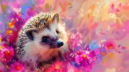 A Hedgehog with an abstract floral background, blooming flowers in bright pinks and purples, creating a cheerful and lively feel, hd quality, natural look. --ar 16:9 --v 6.0 --s 250 --style raw