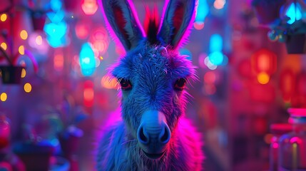 Poster - A Miniature Donkey with an abstract neon background, vibrant lights and glowing patterns, creating a futuristic and energetic scene, hd quality, natural look. --ar 16:9 --v 6.0 --s 250 --style raw