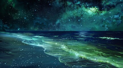 a mesmerizing view of a cosmic ocean under a starry night sky, featuring glowing waves and vibrant c