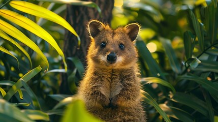 A Quokka with an abstract jungle background, lush greens and vibrant tropical patterns, evoking a sense of exotic wonder, hd quality, natural look. --ar 16:9 --v 6.0 --s 250 --style raw