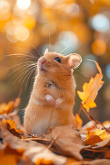 Poster - A hamster standing on its hind legs in a pile of leaves