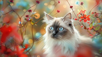 A Ragdoll Cat with an abstract floral background, blooming flowers in bright reds, yellows, and greens, creating a lively and whimsical ambiance, hd quality, natural look. --ar 16:9 --v 6.