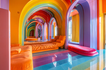 A brightly colored room with a rainbow colored floor and orange couches