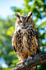 Wall Mural - An owl sitting on a branch in the woods