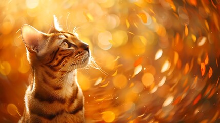 A Savannah Cat with an abstract autumn background, swirling leaves in shades of orange and yellow, creating a warm and cozy atmosphere, hd quality, natural look. --ar 16:9 --v 6.0 --s 250 --style raw