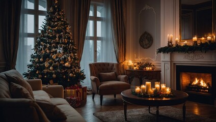 Christmas evening in the light of candles and garlands. Classic luxurious apartments with decorated christmas tree and presents. Living with fireplace, columns and stucco