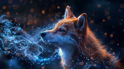 Poster - A Shiba Inu with an abstract bioluminescent background, glowing patterns and deep blues, creating a magical and captivating scene, hd quality, natural look. --ar 16:9 --v 6.0 --s 250 --style raw