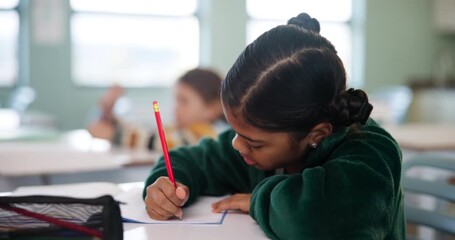 Wall Mural - Girl, thinking and classroom for education at school with learning, knowledge and answers for information of exam. Student, writing and paper for lesson, assessment and creative notes for curriculum