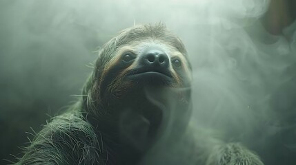 A Sloth with an abstract misty background, ethereal fog and soft light effects, creating a mysterious and tranquil ambiance, hd quality, natural look. --ar 16:9 --v 6.0 --s 250 --style raw