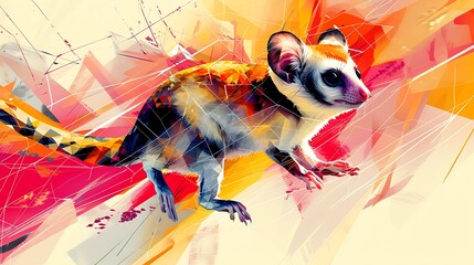 A Sugar Glider with an abstract geometric background, sharp lines and bright colors, creating a dynamic and modern composition, hd quality, natural look. --ar 16:9 --v 6.0 --s 250 --style raw