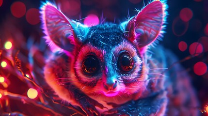 Poster - A Sugar Glider with an abstract neon background, vibrant lights and glowing patterns, creating a futuristic and energetic scene, hd quality, natural look. --ar 16:9 --v 6.0 --s 250 --style raw