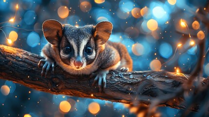 Wall Mural - A Sugar Glider with an abstract night sky background, deep blues and twinkling stars, creating a mystical and serene atmosphere, hd quality, natural look. --ar 16:9 --v 6.0 --s 250 --style raw