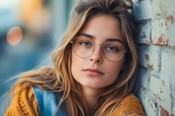 Poster - A woman wearing glasses leaning against a brick wall