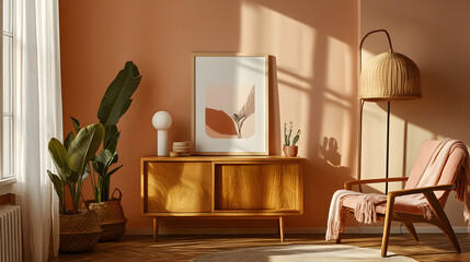 Wall Mural - A warm, sunlit room with wooden furniture and simple, modern decor.