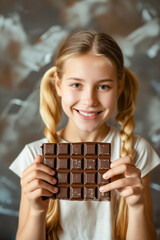 Sticker - A young girl holding a chocolate bar in her hands