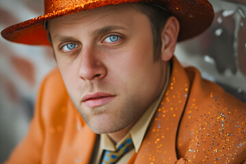 Canvas Print - A man in an orange suit and a hat with blue eyes