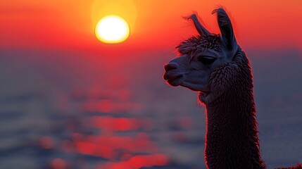 An Alpaca against an abstract sunset background, warm oranges and pinks blending into the horizon, evoking a peaceful and dreamy feel, hd quality, natural look. --ar 16:9 --v 6.0 --s 250 --style raw