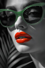 Poster - A woman wearing a pair of green sunglasses and red lipstick.