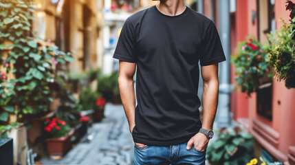 A man wearing a black t - shirt standing in an alleyway