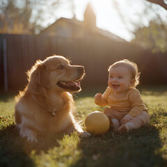 joyful candid shot of a baby and dog playing ball outdoors in bright sunlight, captured with ultra-r