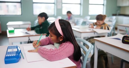 Poster - Student, girl and classroom for education at school with learning, knowledge and drawing for creative development. Child, paper and erase mistake, writing and lesson test, activity and future growth