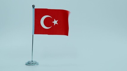 Wall Mural - Turkish table flag waving on white background, slow motion