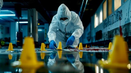 Crime scene investigator in hazmat suit examining evidence markers in a dark industrial setting. The investigator is thoroughly searching the area.