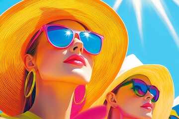 Vibrant and stylish summer image of two women in large sun hats and colorful sunglasses under a bright blue sky