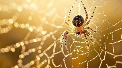 Spider on dew-covered web at sunrise
