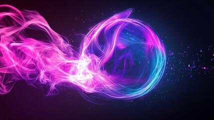 Poster - Glowing pink and blue smoke forming a vibrant spherical shape against a dark purple background, with swirling light effects and energy flow, creating a captivating abstract visual in deep space.