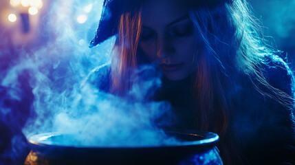 Enchanting Witch Gazing into a Mystical Cauldron with Blue and Purple Mist