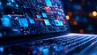 © Siripong - Close-up of a laptop keyboard illuminated by colorful screens, showcasing digital data and technology in a modern workspace.
