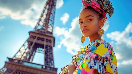 A fashionable young teenager model, in bright, colorful attire, posing for a half-body shot with the Eiffel Tower