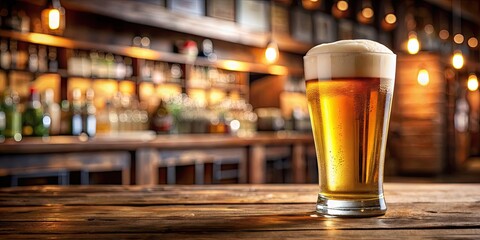 Foamy beer in gold pint glass on wooden bar counter with brewery background , foamy beer