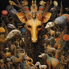 Wall Mural - illustration of african animals clebrating carnival surrealism, Generative ai