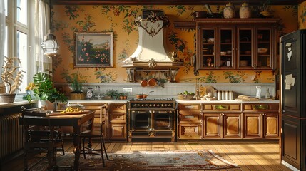 A rustic farmhouse kitchen with wooden beams