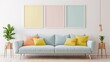 © CHALY GENTivE - Three Pastel Frames on White Wall Above Minimalist Sofa in Contemporary Living Space