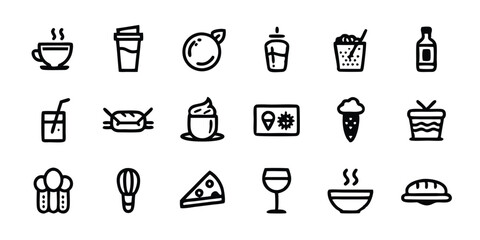 Set of outline icons related to food and drink, line art style.