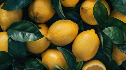 Wall Mural - Close-up of fragrant yellow Italian lemons with green leaves.