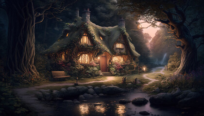 Unbelievable woodland illuminated by brilliant lights. Surreal mystical fantasy artwork